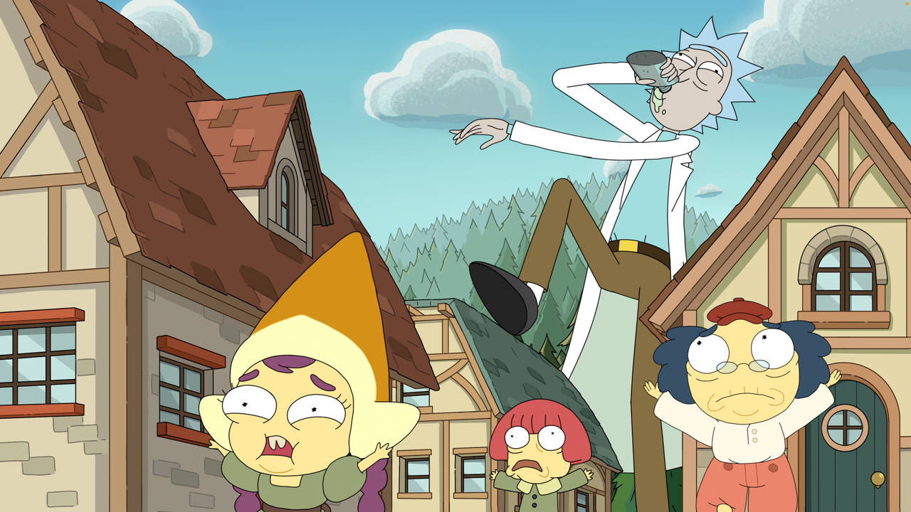 A drunk cartoon man terrorizes gnomes