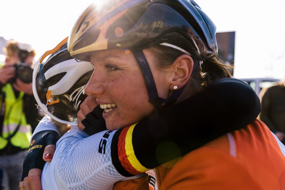 Race winner, Chantal Blaak receives a congratulatory hug from breakaway companion, Trixi Worrack at Ronde van Drenthe