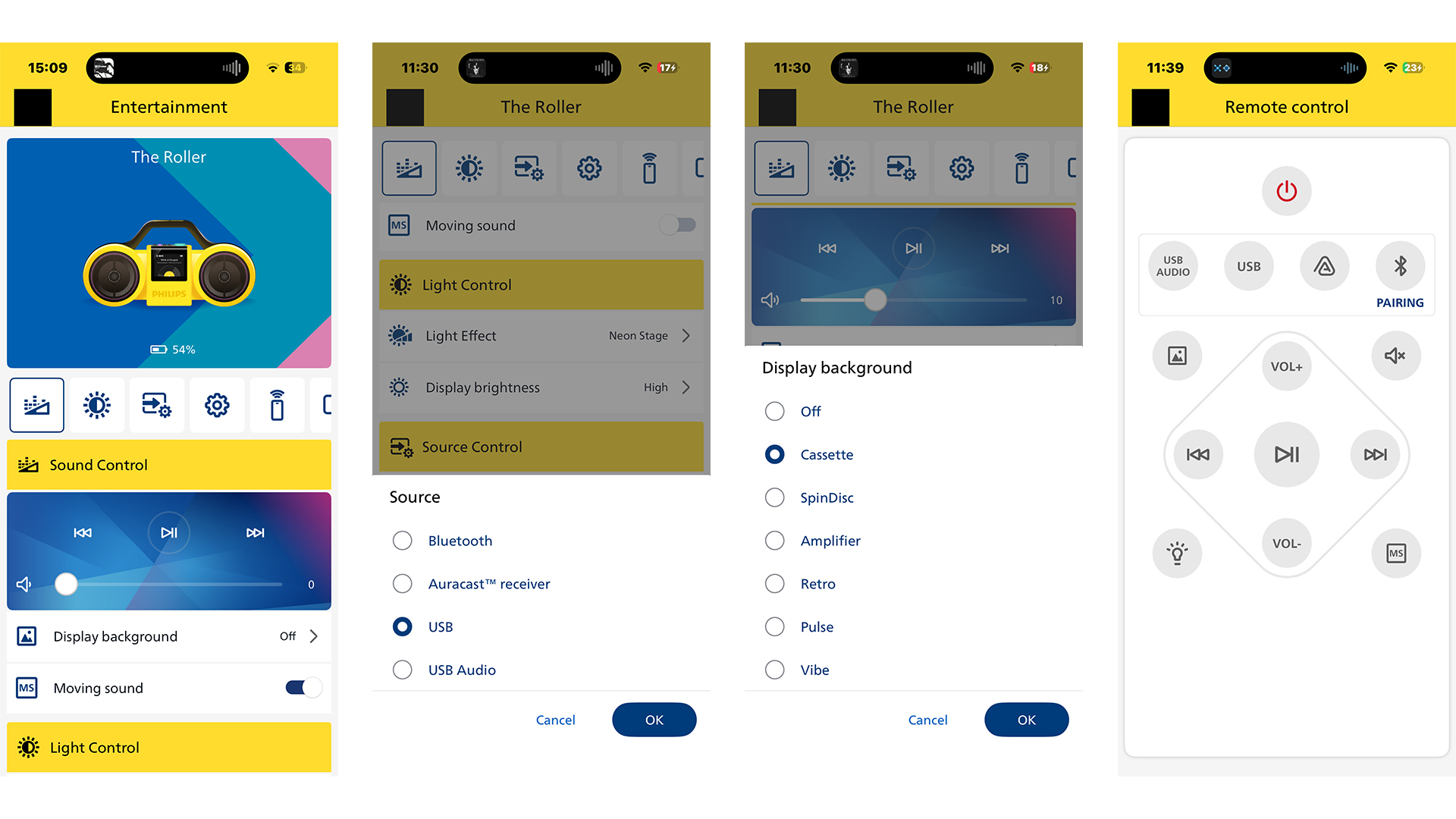 Philips The Roller wireless speaker app on four smartphone screens