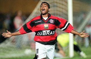 Romario celebrates a goal for Flamengo in October 1999.