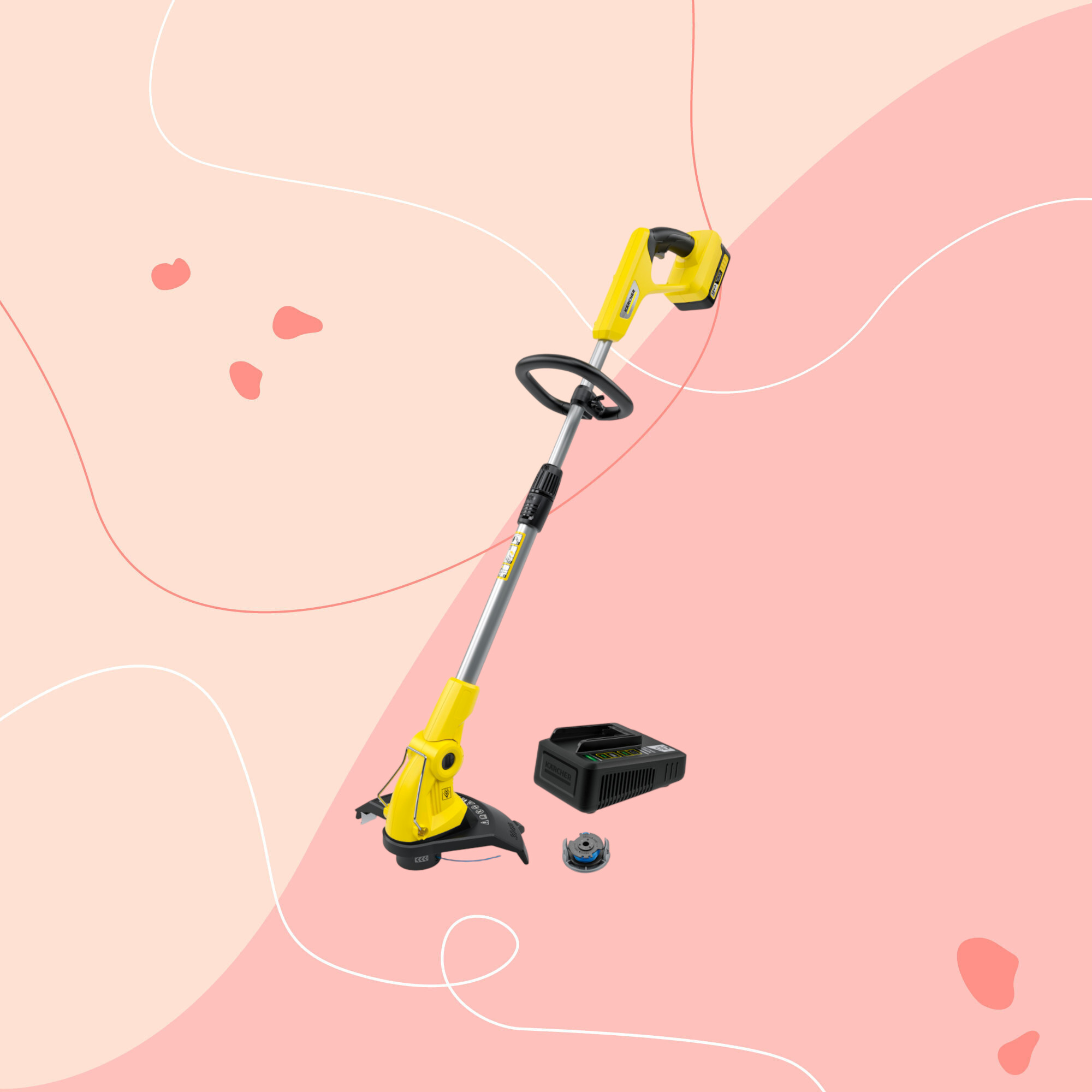 karcher grass trimmer on a pink graphic background 