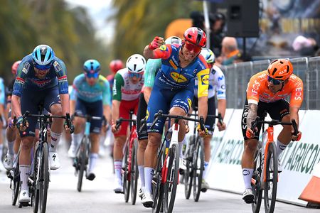SAN BENEDETTO DEL TRONTO, ITALY - MARCH 15: Jonathan Milan of Italy and Team Lidl - Trek celebrates at finish line as stage winner ahead of Laurenz Rex of Belgium and Team Soudal Quick-Step and Sam Welsford of Australia and Team INEOS Grenadiers during the 61st Tirreno-Adriatico 2026, Stage 7 a 142km stage from Civitanova Marche to San Benedetto del Tronto / #UCIWT / on March 15, 2026 in San Benedetto del Tronto, Italy. (Photo by Tim de Waele/Getty Images)