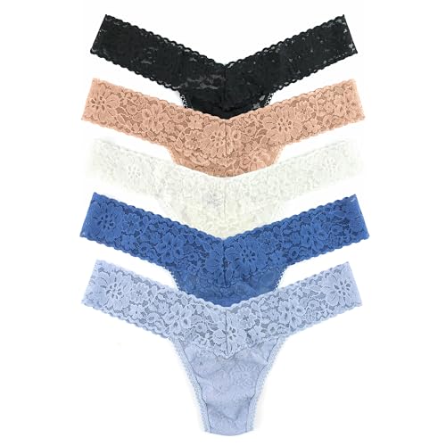 Hanky Panky - Daily Lace Low Rise Thongs for Women | Lacy Panties, Soft Cotton Blend Underwear, Comfortable Lingerie | One Size (2-12) | Black/taupe/marshmallow/stormcloud Blue/grey Mist | 5 Pack