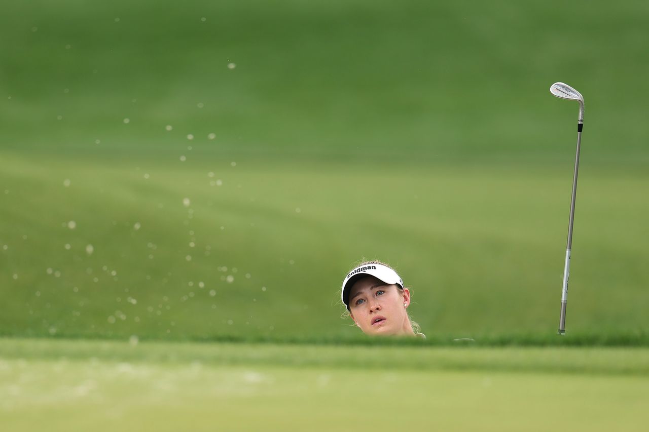 Nelly Korda hits onto the ninth green during a practice round ahead of the Chevron Championship