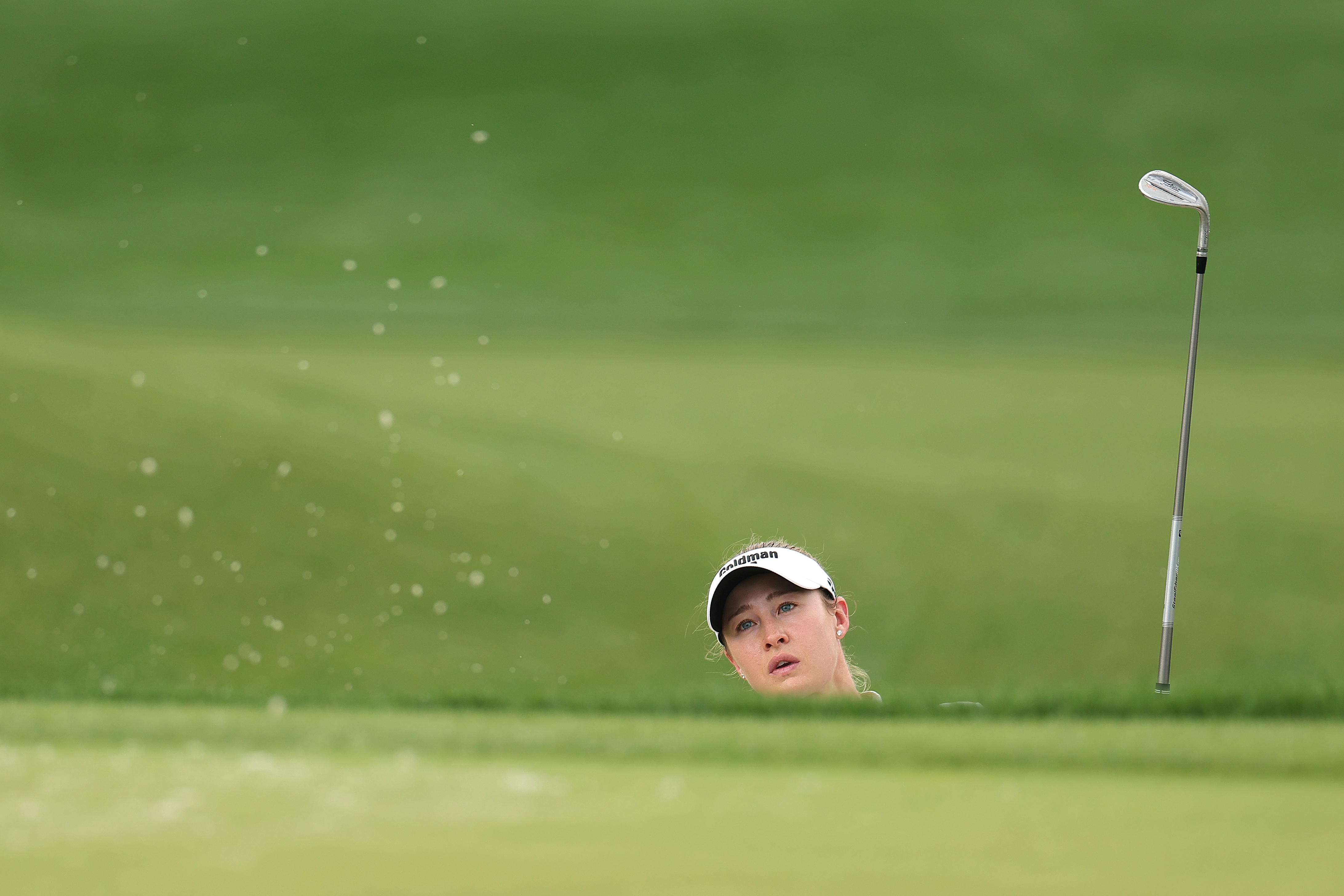 Nelly Korda hits onto the ninth green during a practice round ahead of the Chevron Championship 