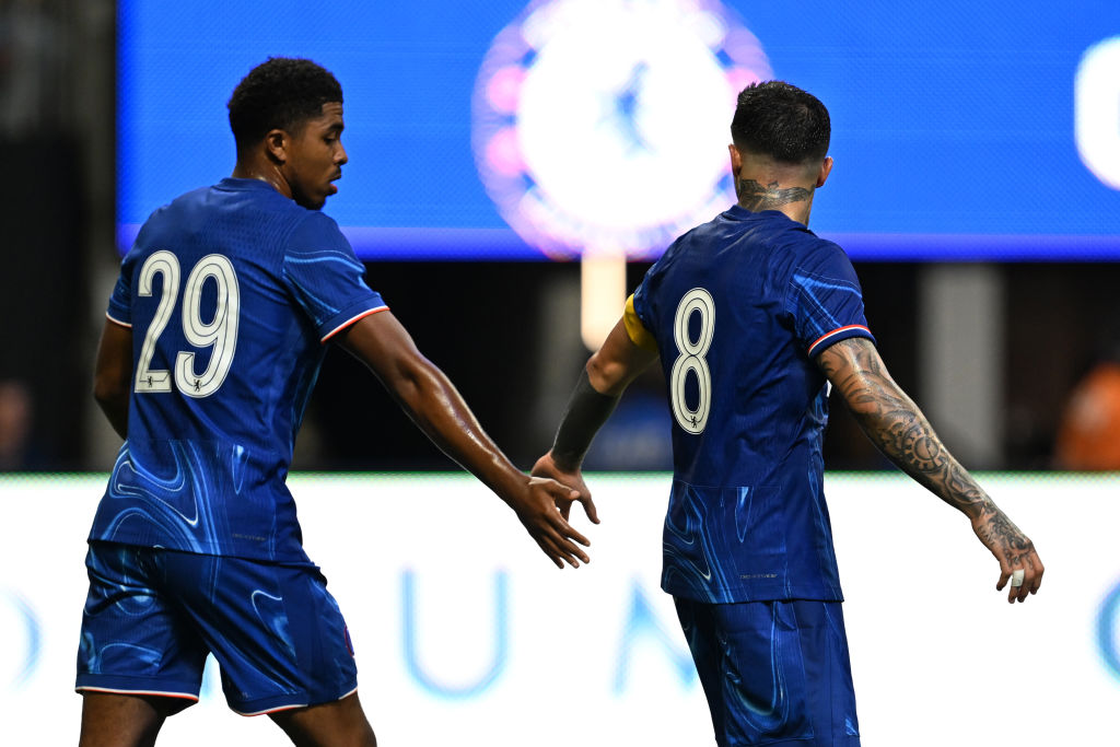 ATLANTA, GEORGIA - JULY 31: Wesley Fofana of Chelsea reacts to Enzo Fernandez during the Pre-Season Friendly match between Chelsea FC and Club America at Mercedes-Benz Stadium on July 31, 2024 in Atlanta, Georgia. (Photo by Darren Walsh/Chelsea FC via Getty Images)