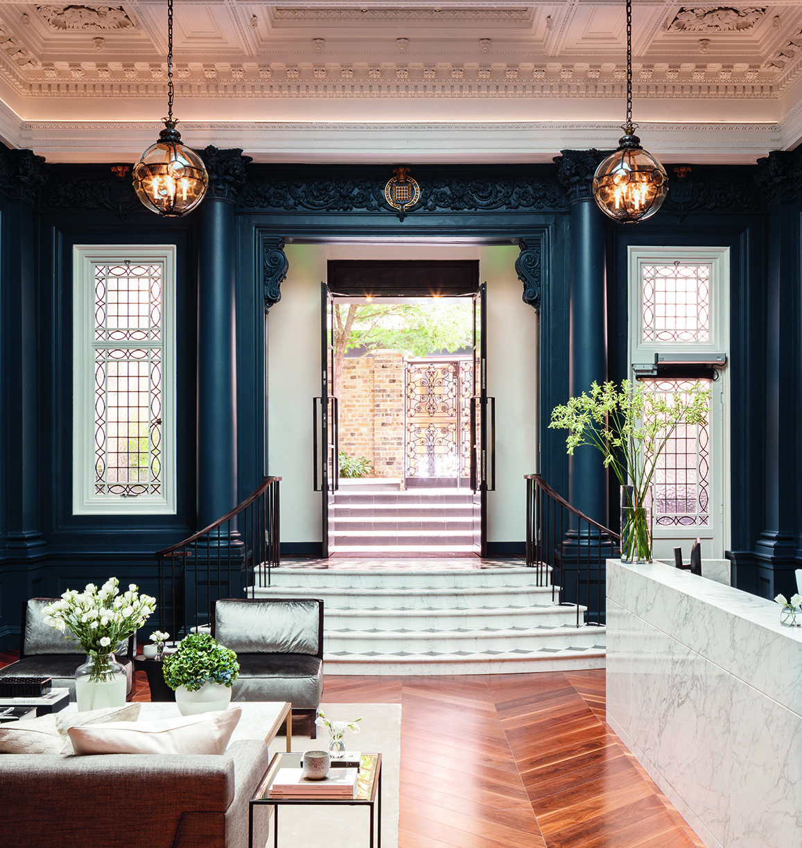 The neo-classical entrance at the Floral Court Collection in Covent Garden