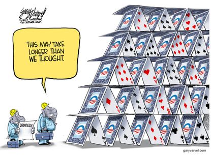 Political cartoon U.S. GOP take down Obamacare card tower
