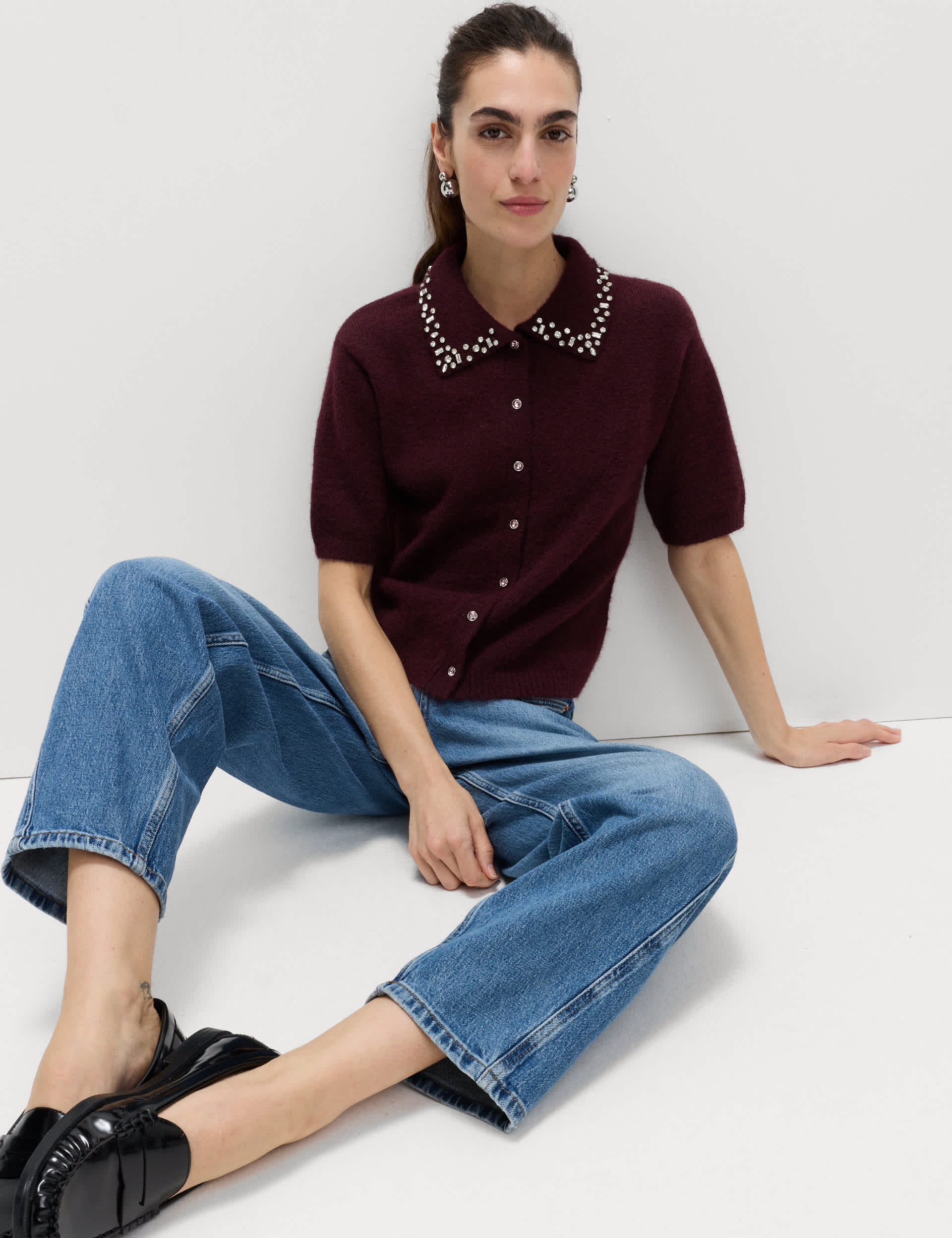 Embellished Cropped Cardigan With Wool