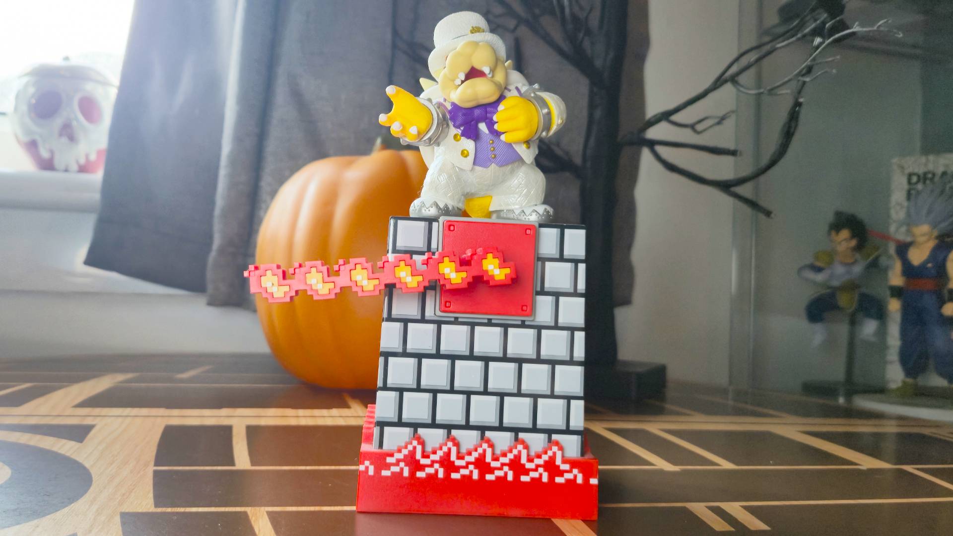 Photo of the amiibo Fire Bar display with a Bowser wedding amiibo sitting on top of it.