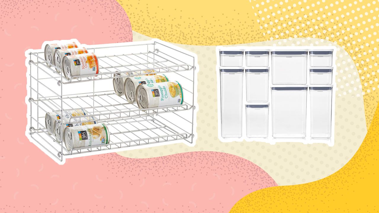 Pantry organizers graphic with can storage and storage containres on yellow and pink background