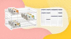 Pantry organizers graphic with can storage and storage containres on yellow and pink background
