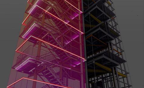 A red and black render of a multi-level staircase and construction development. 