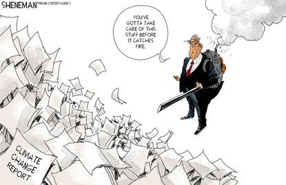 Political cartoon U.S. Trump Climate Change report denial fire forest management