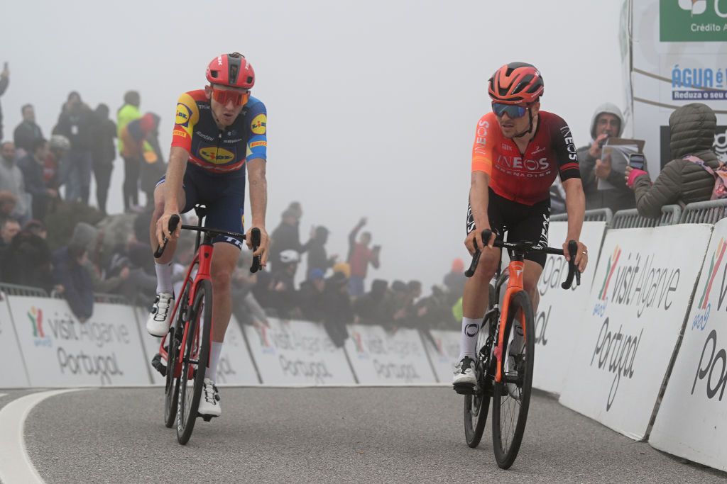 ALTODAFOIA PORTUGAL FEBRUARY 15 LR Tao Geoghegan Hart of The United Kingdom and Team Lidl Trek and Thomas Pidcock of The United Kingdom and Team INEOS Grenadiers cross the finish line during the 50th Volta ao Algarve em Bicicleta 2024 Stage 2 a 1719km stage from Lagoa to Alto da Foia 888m on February 15 2024 in Alto da Foia Portugal Photo by Dario BelingheriGetty Images