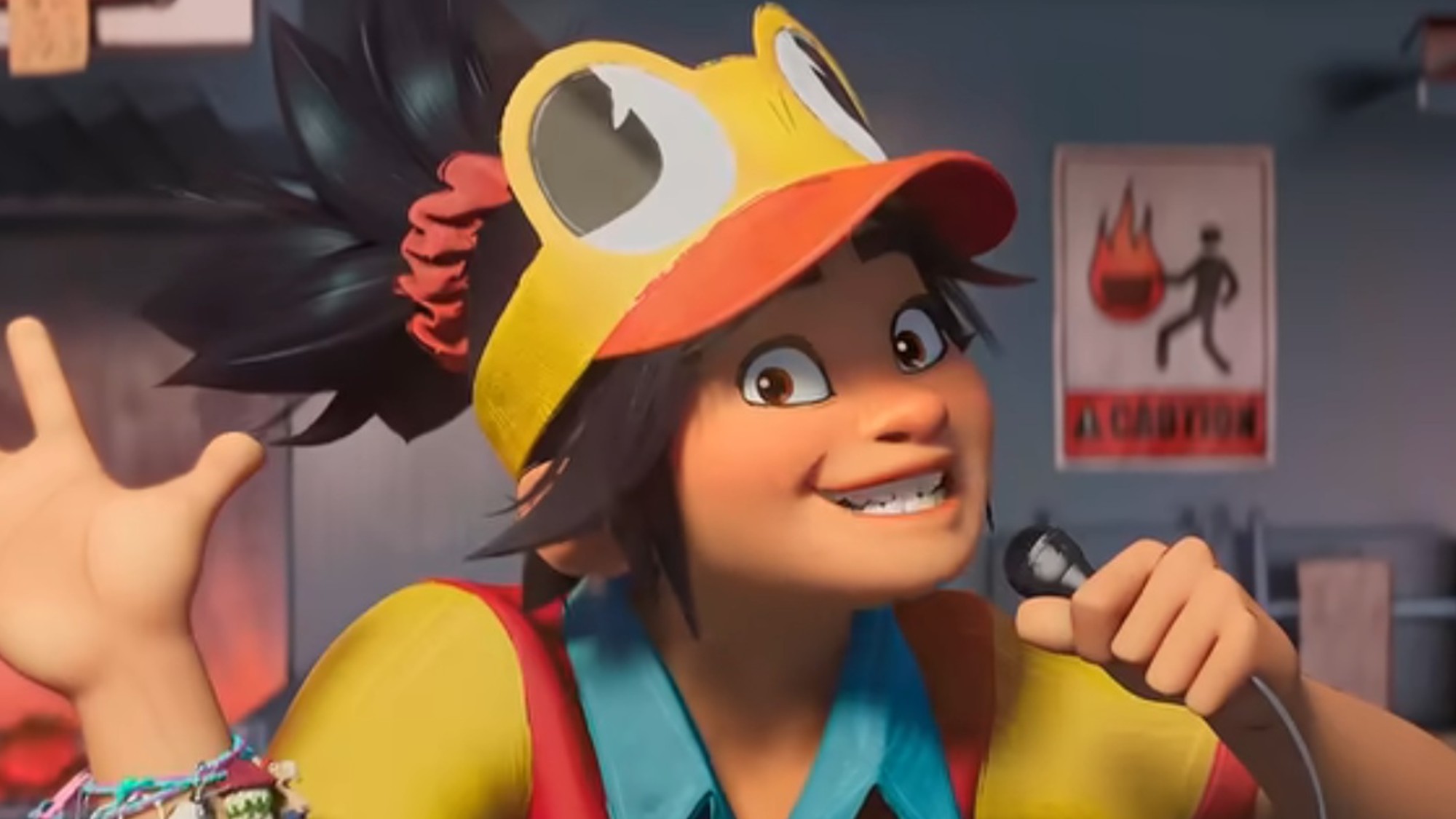 Jo wearing a chicken hat in Forgotten Island