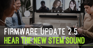 People sitting around a speakerphone with three colleagues on a videoconference call enjoy high quality audio with smiles thanks to Shure's Stem Ecosystem.