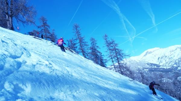 Downhill World Cup Women's champion Sabrina Jonnier (left), of Hy&egrave;res, France, negotiates the slopes of Val d'Allos on her way to finishing fourth in the women's Val d'Allos Urge Ski Enduro