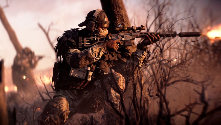 Battlefield 6 Season 1 skins: A side on view of a Recon soldier crouched next to a tree firing a sniper.
