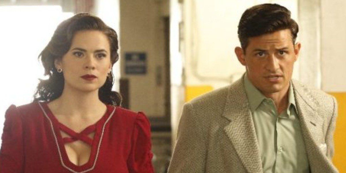 Hayley Atwell as Peggy Carter and Enver Gjokaj as Daniel Sousa on Agent Carter (2016)