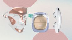 Trio of the best skincare devices (L-R) from Dr Dennis Gross, Shark and Ziip, on a pastel watercolour background with mauve circle details