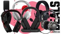 Six gaming headsets arranged on a pink and white background