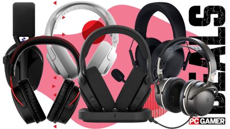 Six gaming headsets arranged on a pink and white background