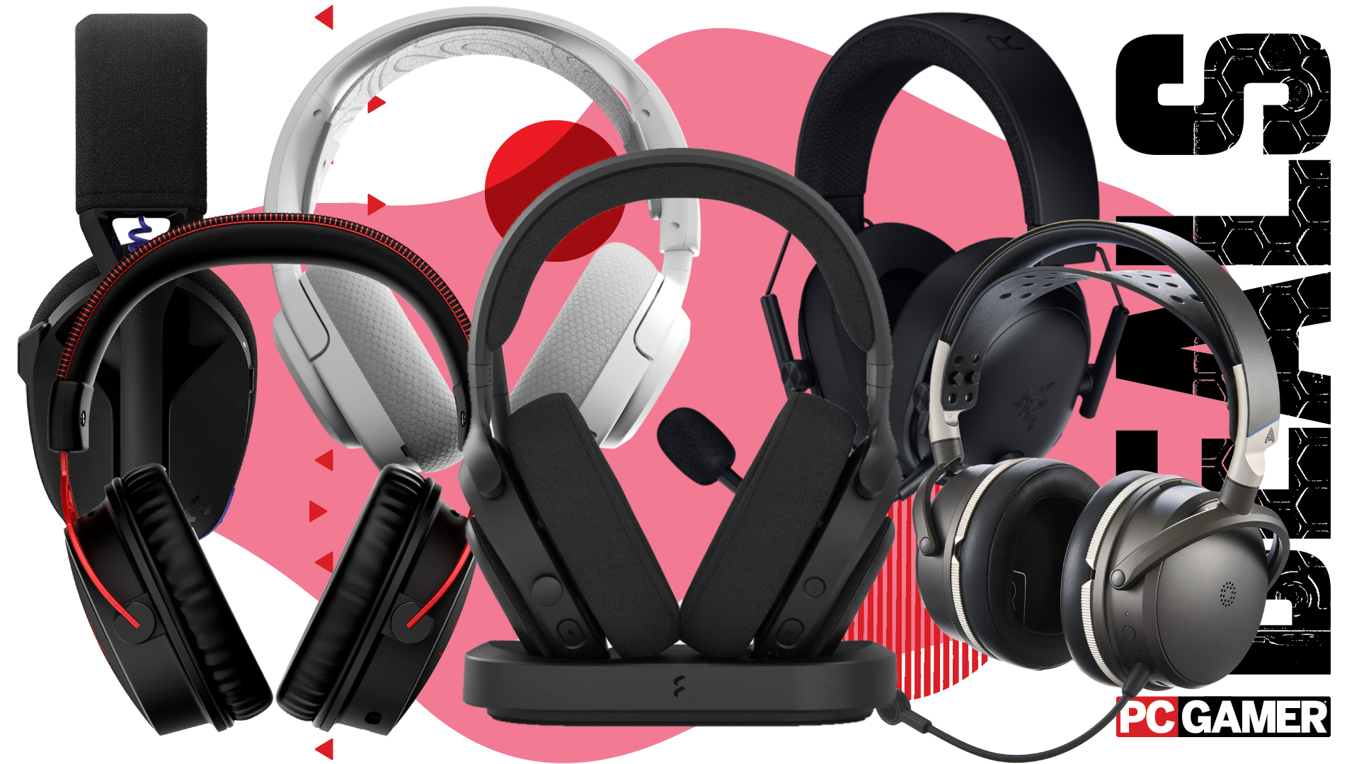Six gaming headsets arranged on a pink and white background