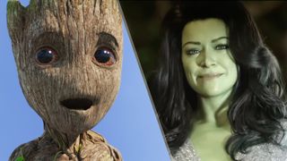(L to R) Groot (voiced by Vin Diesel) smiles in I Am Groot and She-Hulk (Tatiana Maslany) smiles slightly as flash photography in She-Hulk
