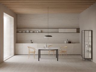 A minimalist kitchen with matching sinks, worktops and cabinets
