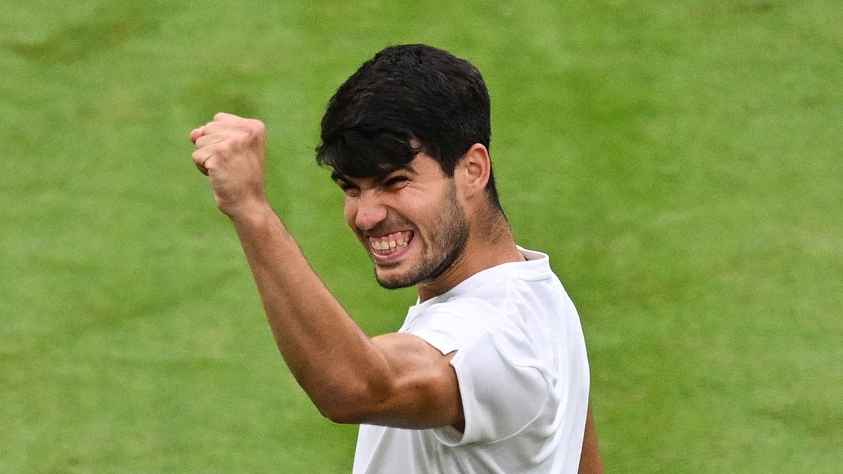 Spain&#039;s Carlos Alcaraz celebrates winning his way into the Medvedev vs Alcaraz live stream – Wimbledon 2024 semi-final