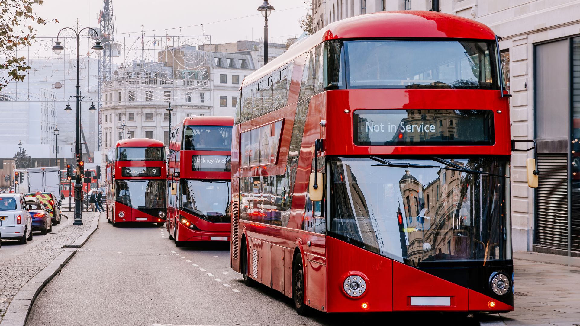 Red double-decker buses on the streets of London, England, UK 