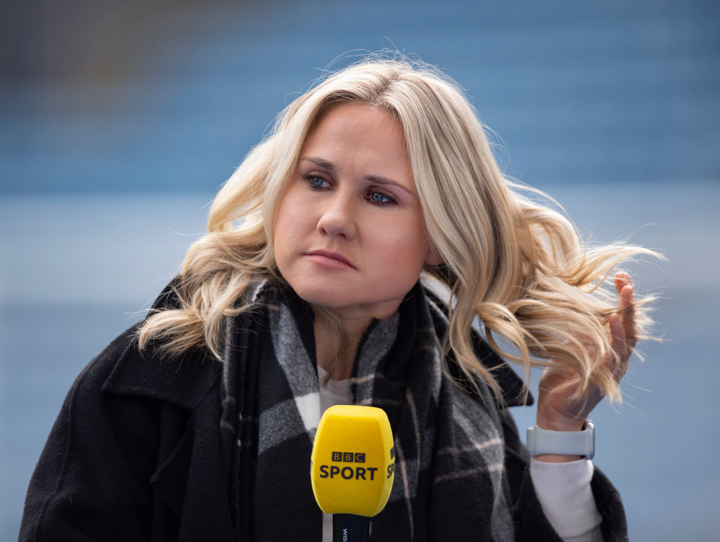 BBC Sport pundit Izzy Christiansen ahead of the Barclays FA Women's Super League match between Leicester City Women and Arsenal Women at The King Power Stadium on April 3, 2022 in Leicester, United Kingdom.