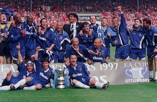 Chelsea's players celebrate with trophy after their 2-0 victory over Middlesborough in the FA Cup final. (Photo by Christian Liewig/TempSport/Corbis via Getty Images)