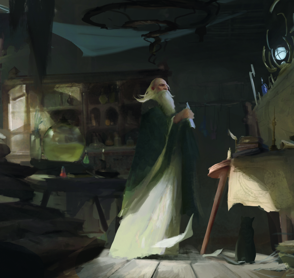 Striking fantasy scene; a wizard