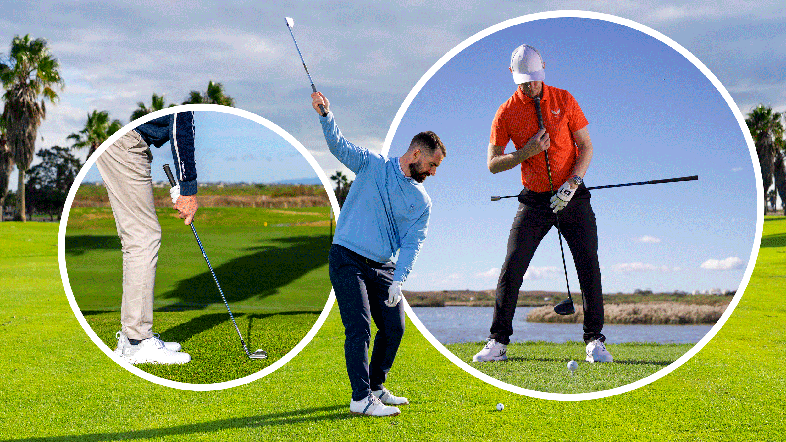Three top PGA pros demonstrating a quick fix each to improve ball striking, with an unconventional drill, driver setup and short game chipping success