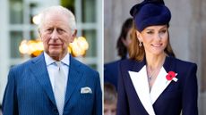 A picture of King Charles on day one of the State Visit to the United States alongside a picture of Kate at the ANZAC Day service