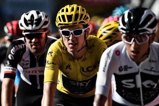 Geraint Thomas rides in the Team Sky train during stage 15