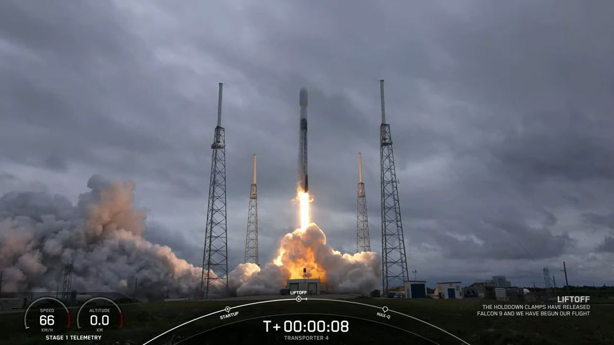 A SpaceX Falcon 9 rocket carrying 40 satellites on the Transporter-4 rideshare mission launches into orbit from Cape Canaveral Space Force Station, Florida on April 1, 2022.