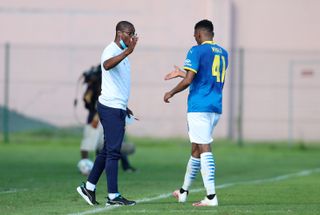 Mothobi Mvala celebrates his goal with Rhulani Mokwena