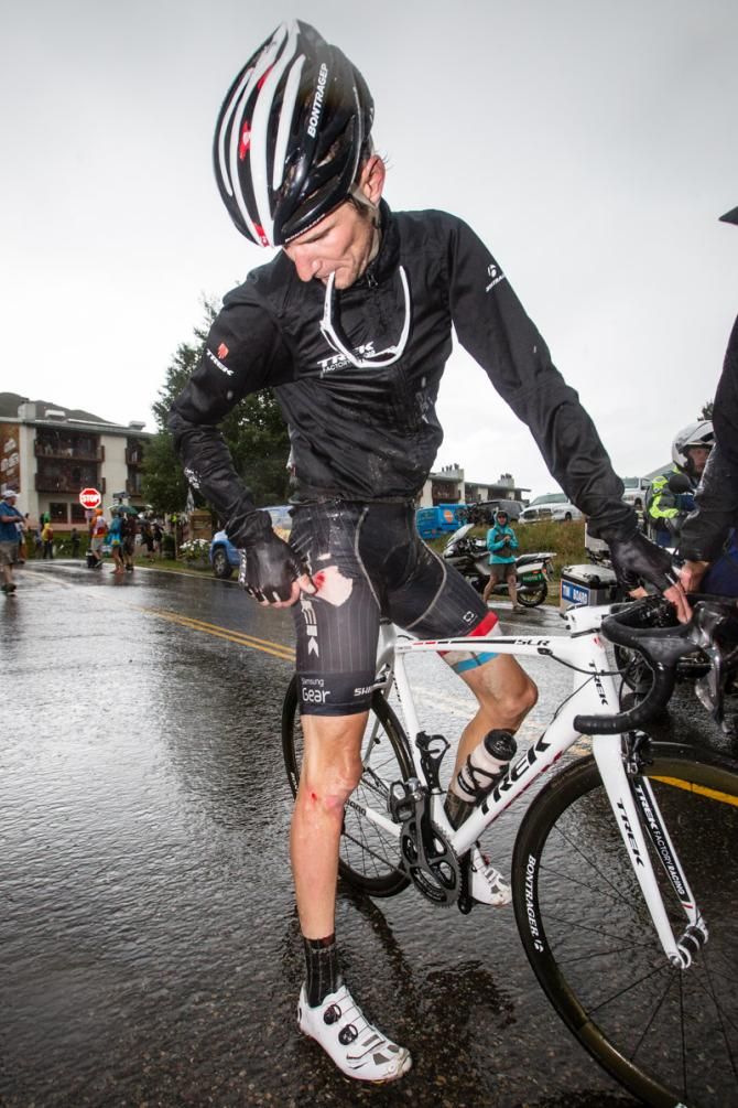 Frank Schleck (Trek) checks his shorts after a crash on the descent of stage 2 of the USA Pro Challenge