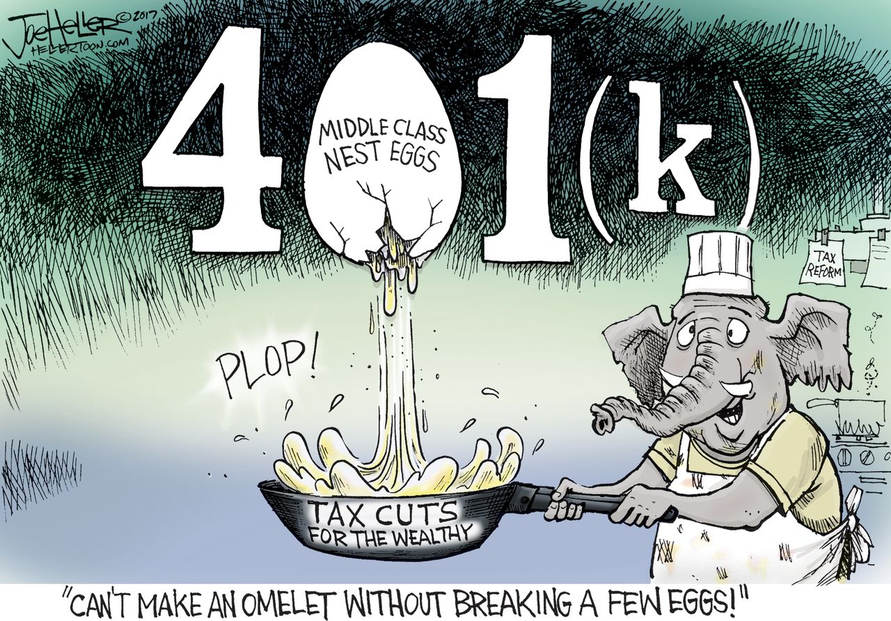 Political cartoon U.S. GOP tax reform 401k