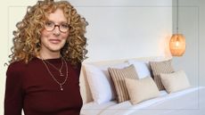  picture of neutral bed with throw cushions and cut out of kelly hoppen 