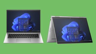 HP EliteBook 1040 G10 and HP Elite x360 1040 G10 laptops against a green background