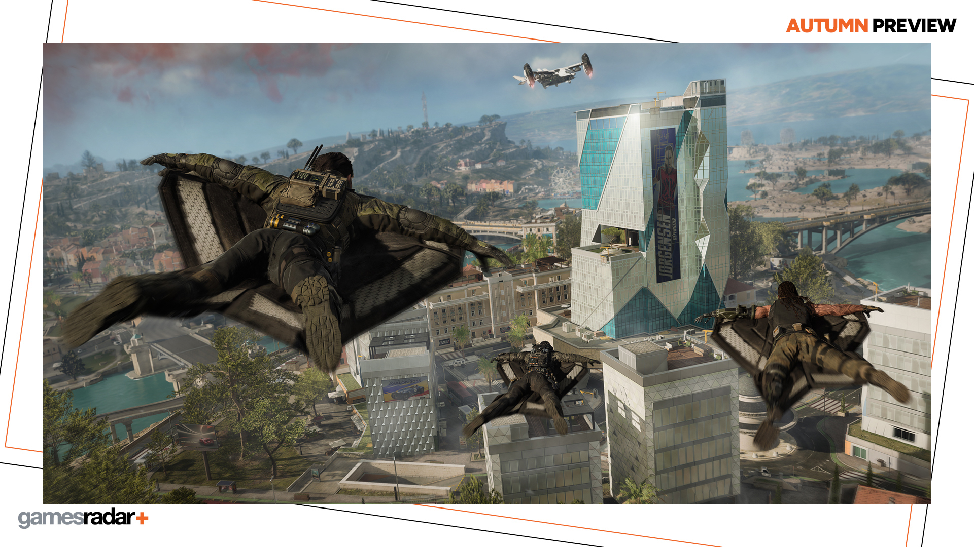 Black Ops 7 screenshot showing three soldiers wingsuiting into a combat arena