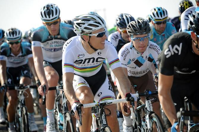 Philippe Gilbert (BMC) resplendent in the rainbow jersey at the Tour of Oman.