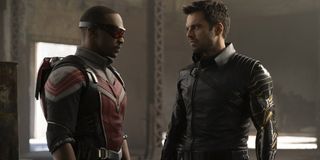 Sam Wilson/Falcon (Anthony Mackie) with The Winter Soldier (Sebastian Stan) in full costume in The Falcon And The Winter Soldier