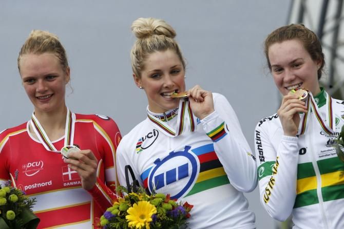 The podium: Pernille Mathiesen (Denmark), Macey Stewart (Australia) and Anna-Leeza Hull (Australia) show off their medals