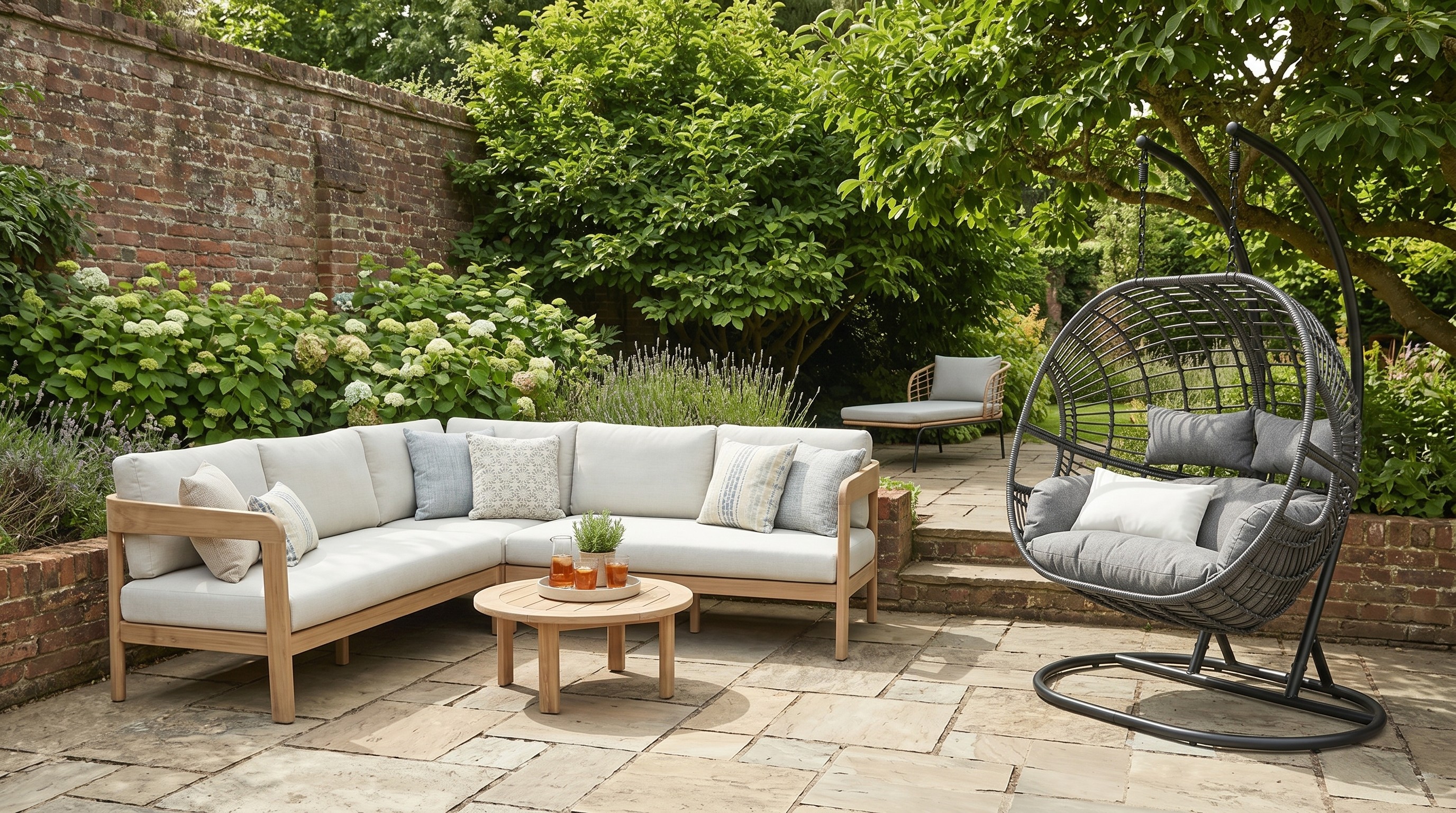 Collection of outdoor furniture on garden patio