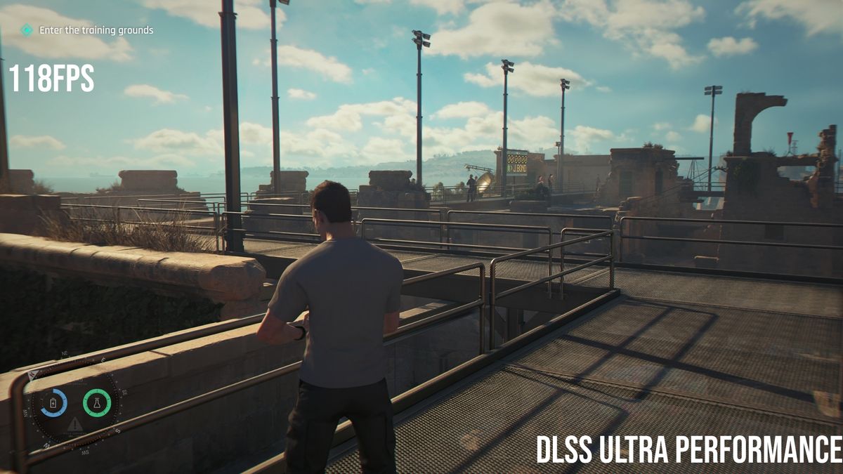 A scene from 007 First Light with DLSS set at ultra performance